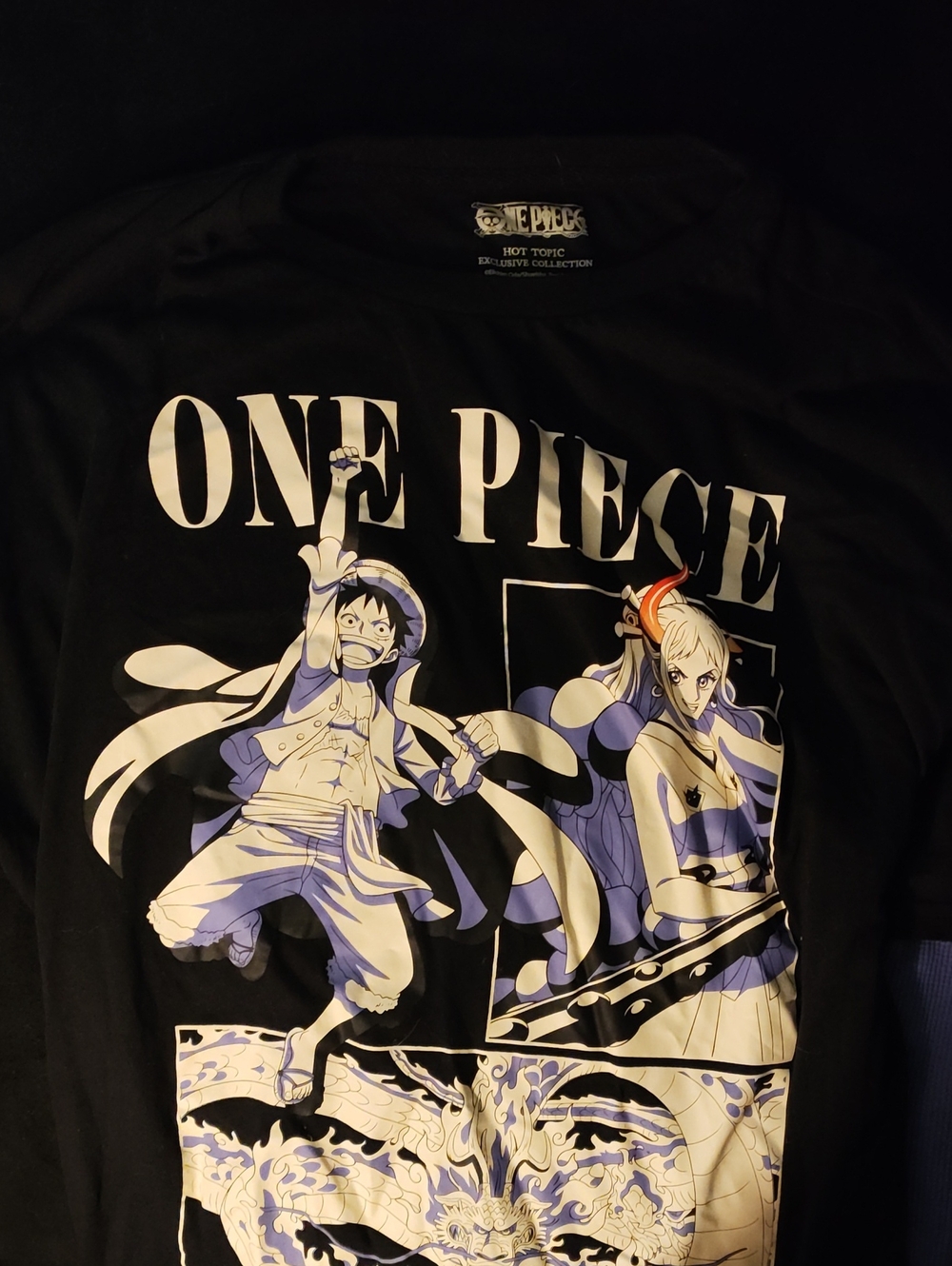 Onepiece Black Graphic Long Sleeve Tee with Cream & Blue Anime Print